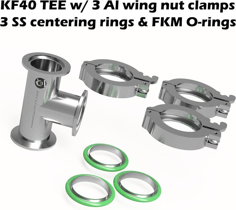 BROWNIAN MOTION TECHNOLOGY bmotiontech superior grade ISO-KF NW40 KF40 Flange Tee Fitting with 3 sets of Aluminum wing nut clamps & O-rings (KF40 Equal TEE w/ 3 clamps) - Image 2